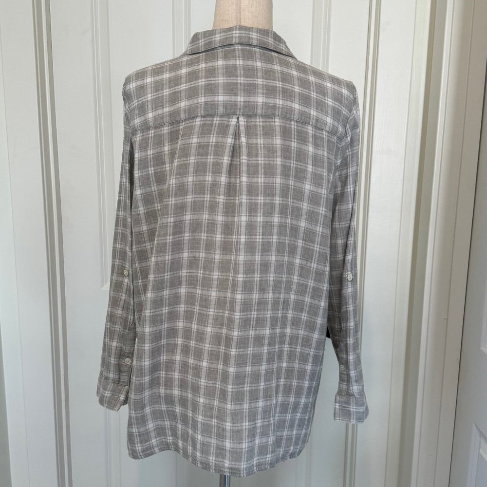 J Jill Button down cotton gray and white plaid long sleeve top medium - Picture 4 of 6